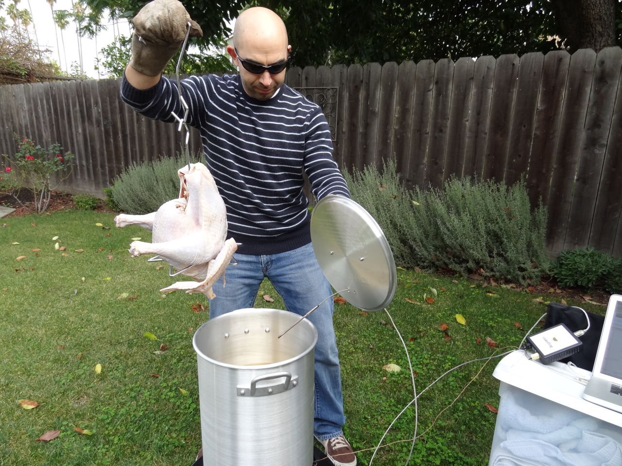 Gently placing the turkey in the oil